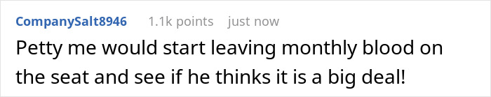 A Reddit comment from CompanySalt8946 with 1.1k points, sharing a plan to get back at dad wetting the toilet seat.