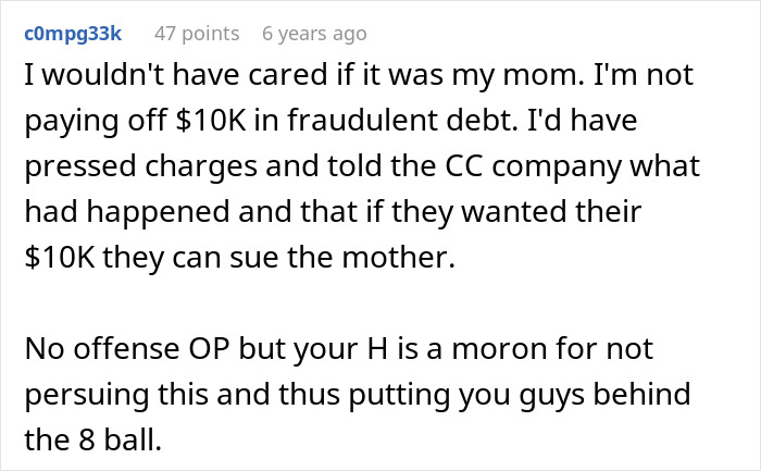 A screenshot of a Reddit comment about a young family trying to buy a house, facing debt issues from a family member.