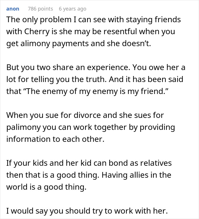 A text screenshot advising a woman to work with her husband's secret wife for mutual benefit.