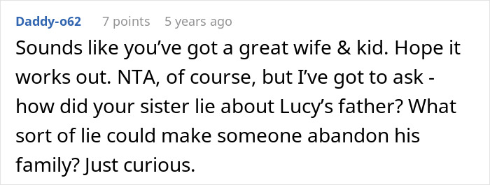 Comment discussing a woman making her sister adopt her kid and the complexities around family and lies.