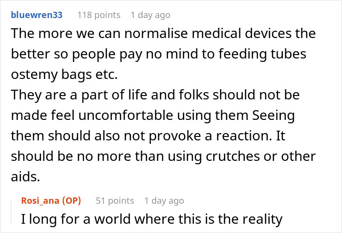 A comment thread discussing normalization of medical devices like a feeding tube, hoping for a world where they are accepted.