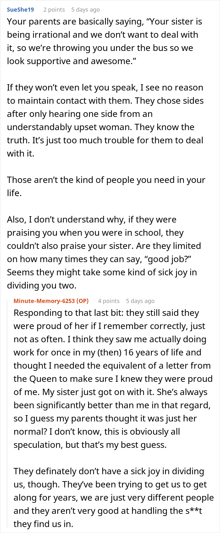 Reddit comments discussing a woman accused of sleeping with her sister&rsquo;s fianc&eacute; and family tension over the issue.