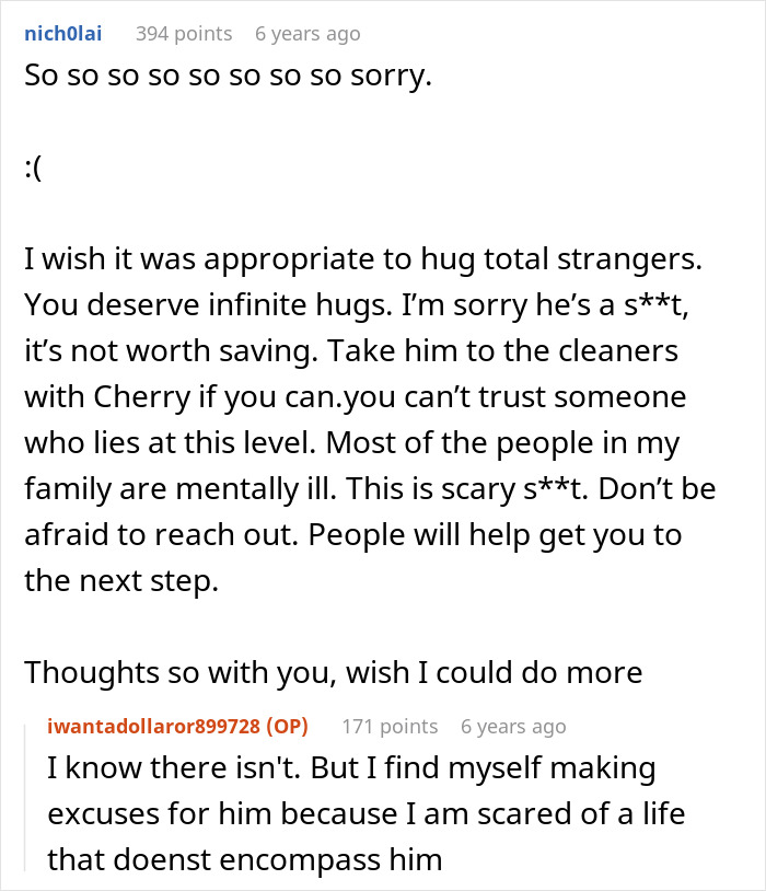 A Reddit thread shows comments offering support for a woman who found her husband's secret wife.