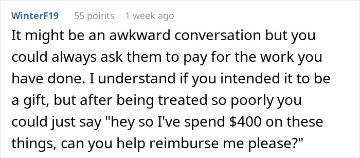 Screenshot of a Reddit comment discussing awkward conversations and reimbursements after being treated poorly in a friendship context. Screenshot of a Reddit comment discussing awkward conversations and reimbursements after being treated poorly in a friendship context.