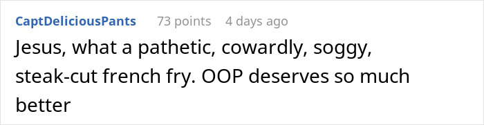 Comment text showing a user expressing strong disappointment and calling someone pathetic and cowardly with a steak-cut French fry metaphor.