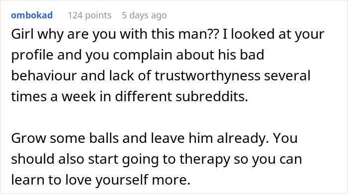 A Reddit comment advising a woman to leave her husband due to bad behavior and suspicious secret child activity.