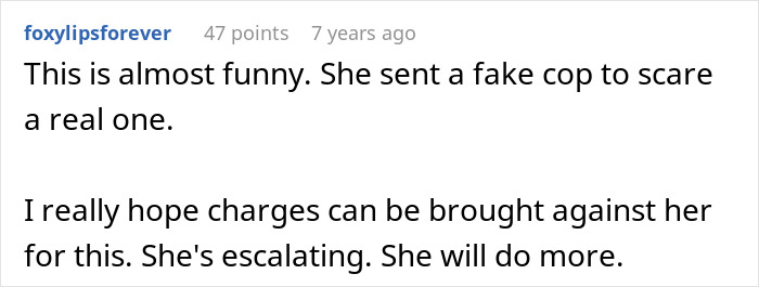 Comment highlighting a homophobic MIL sending a fake cop to intimidate a real police officer boyfriend.