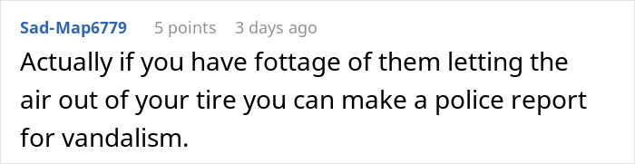 Comment text about making a police report for vandalism after entitled guests take a woman's parking spot.