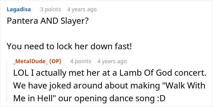 Screenshot of a Reddit conversation where users discuss metal bands, a perfect revenge, and dating.