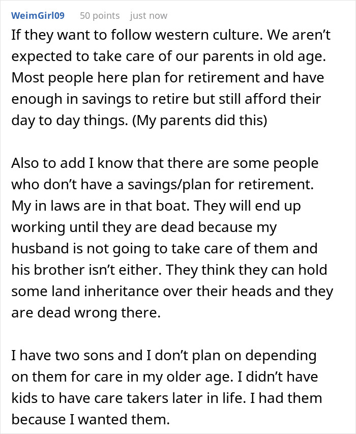 Comment text about independence and retirement planning, reflecting on expectations of children supporting aging parents.