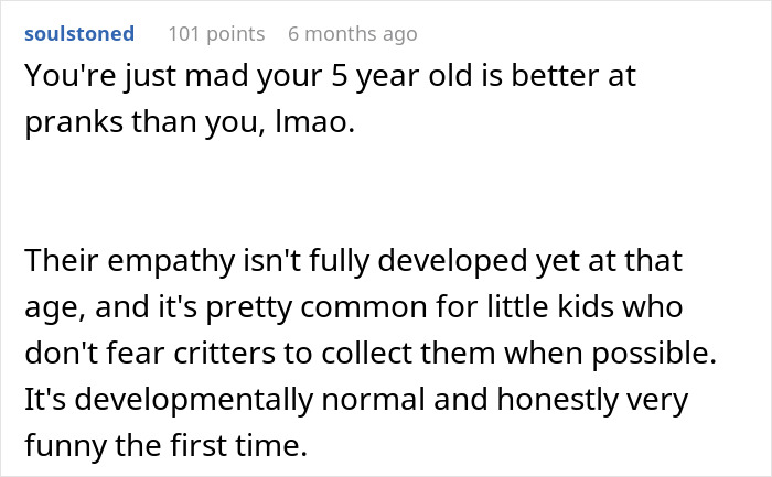 Comment discussing how a 5-year-old&rsquo;s empathy isn&rsquo;t fully developed, explaining behavior as normal for young kids.