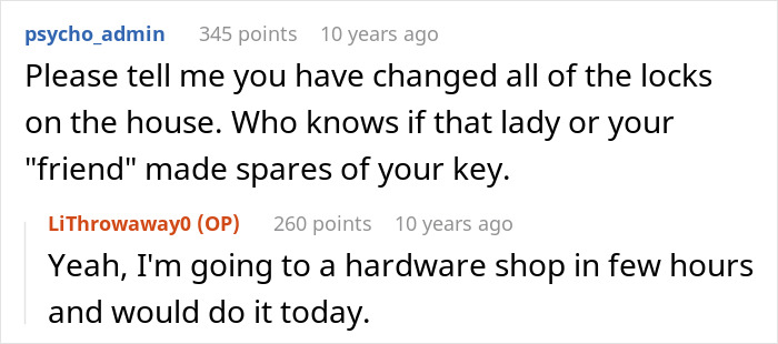 Reddit conversation about changing locks after man finds friend&rsquo;s girlfriend living in his house without permission.