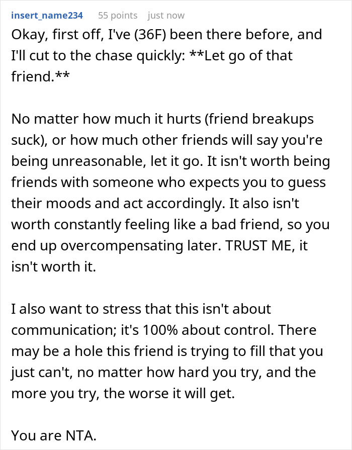 Text post discussing a woman testing her friend to remind her about appreciation and feeling shocked when ignored.