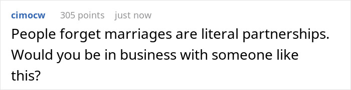 A Reddit comment about marriages as partnerships, relating to husband, house, hoarder, and finances discussions.
