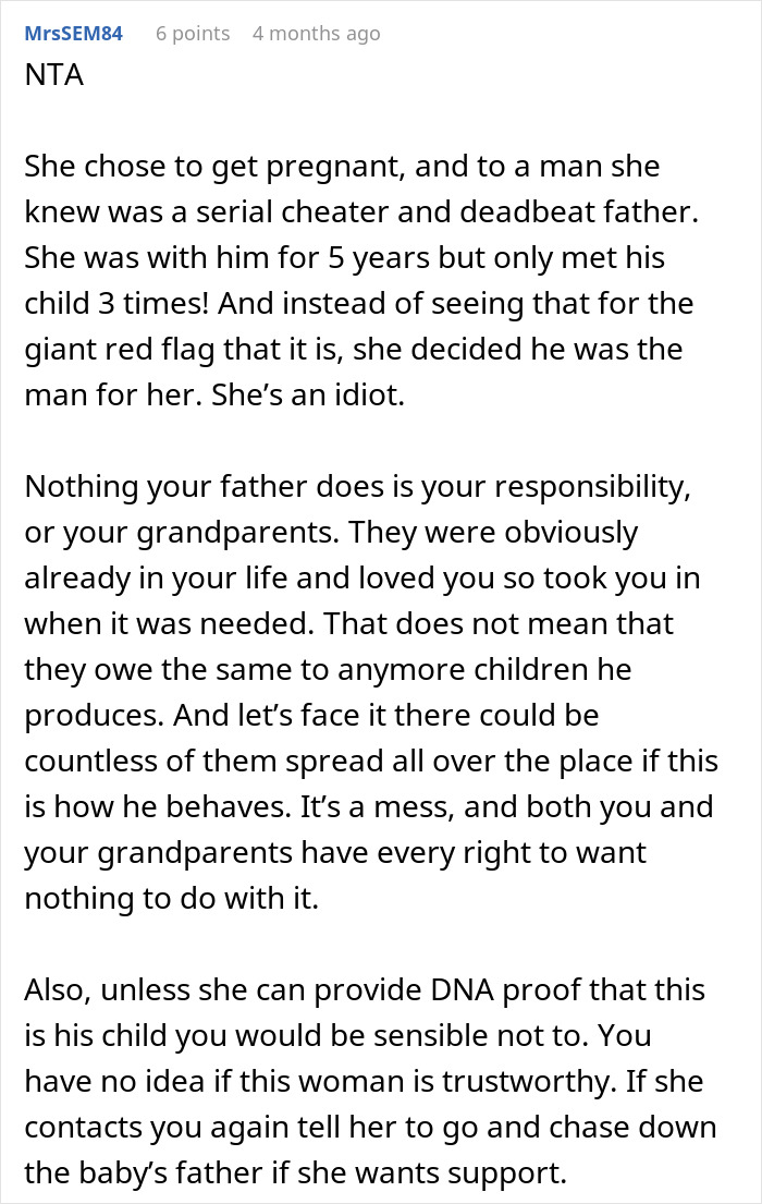 Comment discussing pregnant woman confronting ex&rsquo;s teen son to help raise her baby and his refusal causing conflict.