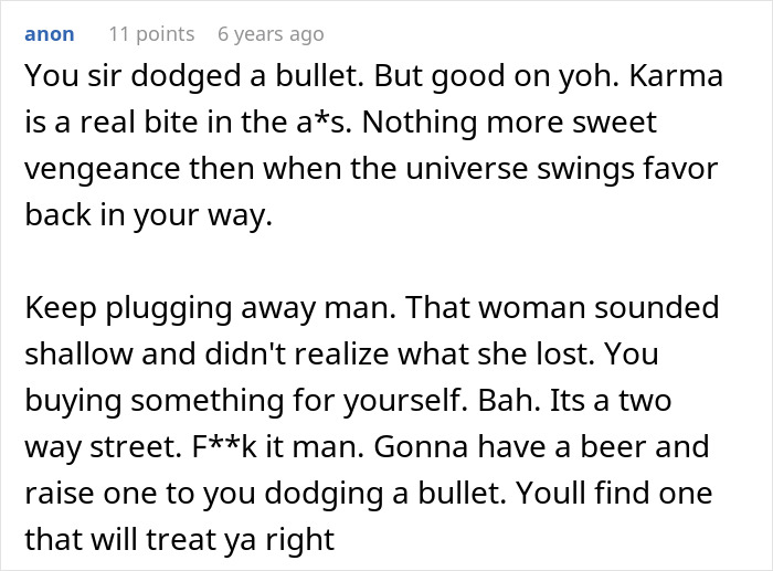 Screenshot of an online comment discussing karma and revenge involving an army wife cheating on her deployed husband.