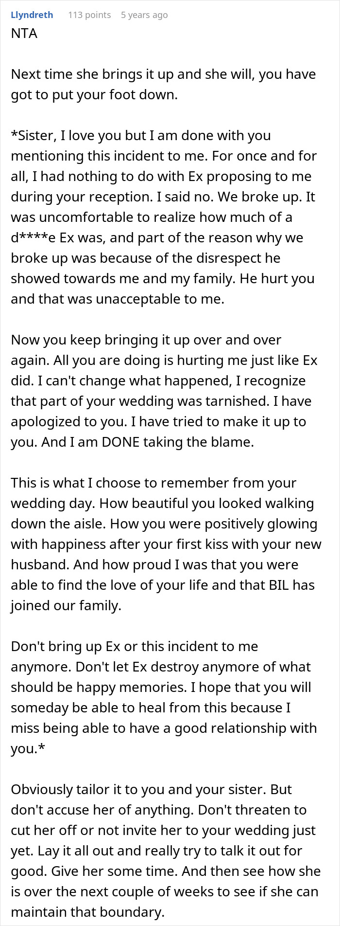 Comment advising a woman to set boundaries with her sister to prevent wedding sabotage due to a past incident.