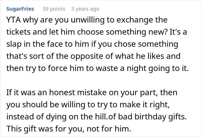Text from social media comment discussing issues with exchanging concert tickets and the impact on birthday gift intentions.