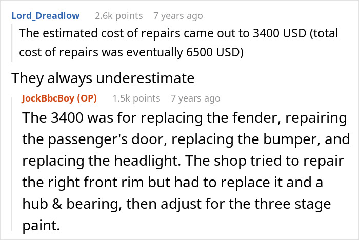 Text conversation discussing the high cost of car repairs after an entitled woman damages a guy's car.