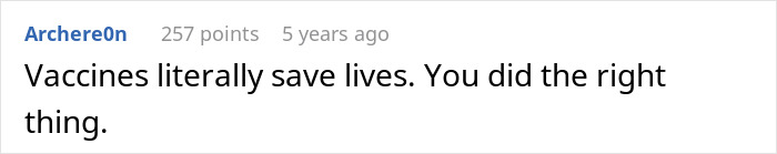 Text comment on a social platform stating vaccines literally save lives and affirming the right action taken, reflecting concern over mom&rsquo;s creepy behavior.