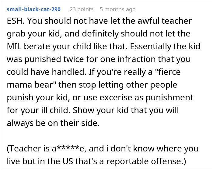 Screenshot of a forum comment criticizing a teacher who grabs kids in front of parents and discussing consequences.