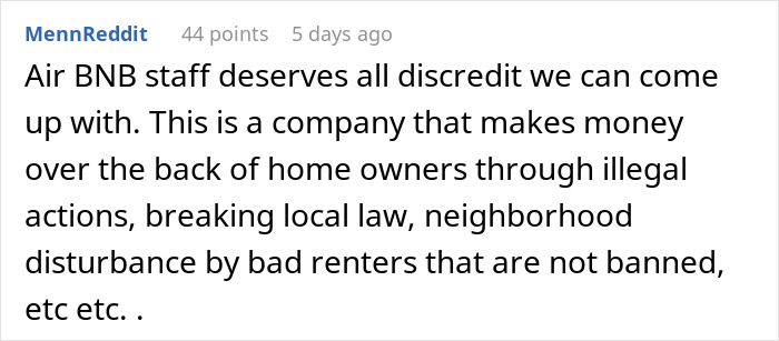 Reddit comment criticizing AirBNB for illegal actions and neighborhood disturbances caused by bad renters.
