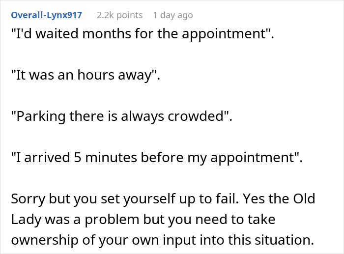 Screenshot of a Reddit comment discussing a man missing a doctor&rsquo;s appointment after a parking dispute involving an old lady.
