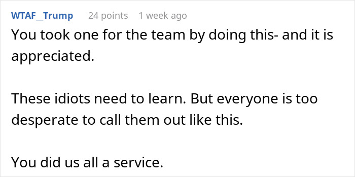 A screenshot of a Reddit comment praising a job candidate for hanging up mid-interview due to a bad job offer.