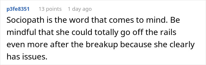 Screenshot of a forum comment describing a breakup where a guy feels like a science experiment in his own home.