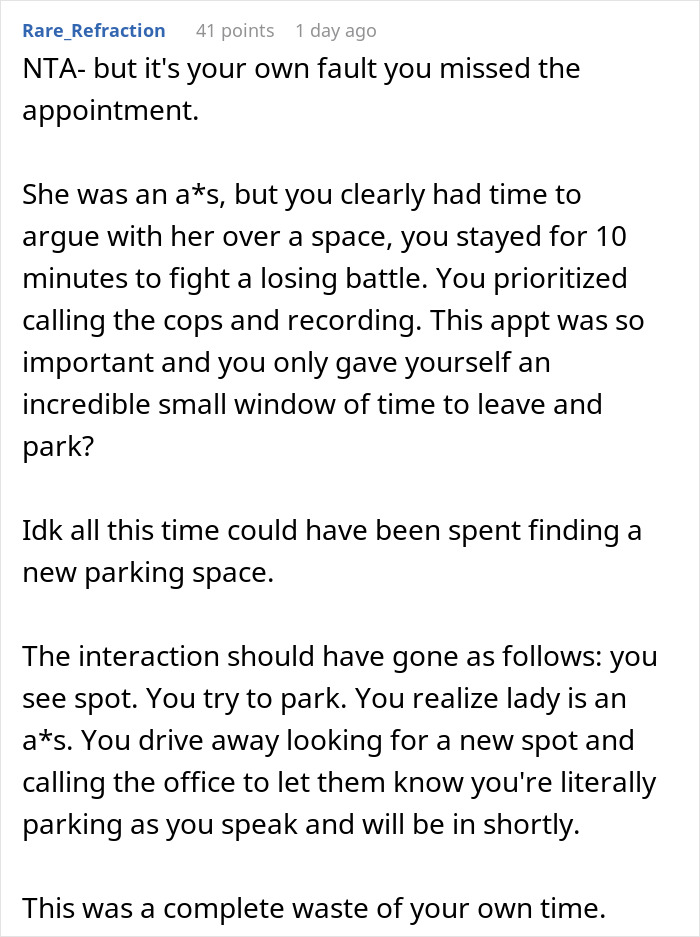 User comment discussing a man who missed a doctor&rsquo;s appointment after fighting an old lady over a parking spot involving the police.