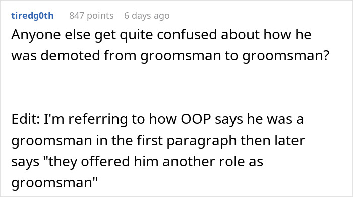 Screenshot of a Reddit comment discussing confusion about a groomsman role in a wedding story involving an ex-girlfriend cheating. Screenshot of a Reddit comment discussing confusion about a groomsman role in a wedding story involving an ex-girlfriend cheating.