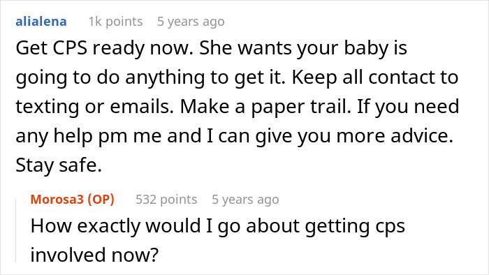 Screenshot of a Reddit conversation about mom&rsquo;s creepy behavior involving CPS concerns for her baby safety.