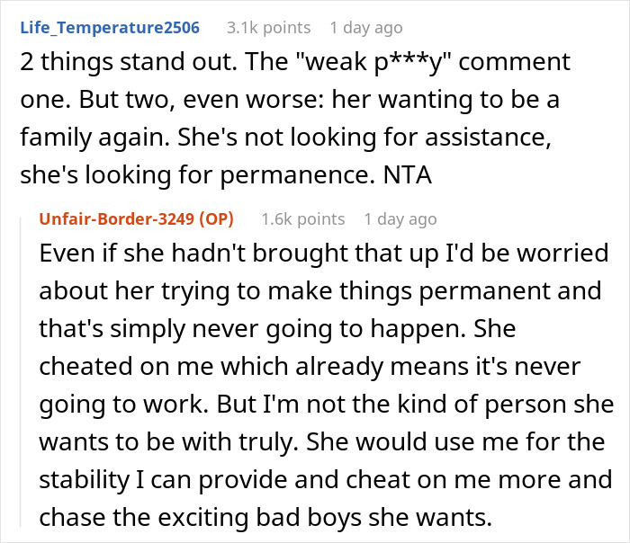 Screenshot of Reddit comments. A dad refuses to play savior for his homeless ex and her child. His past choices aren't his burden.