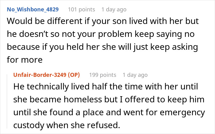 Reddit comments discussing a dad refusing to play savior for his homeless ex, offering context on their child's living arrangements.