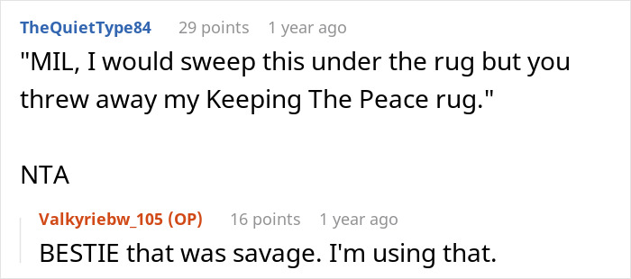 A Reddit comment about a MIL, saying, "I would sweep this under the rug but you threw away my Keeping The Peace rug."
