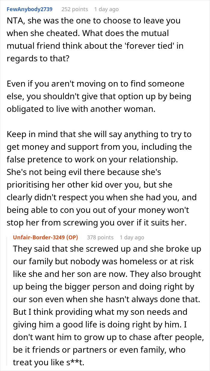 A white screen showing Reddit comments discussing a dad's refusal to play savior for his ex.