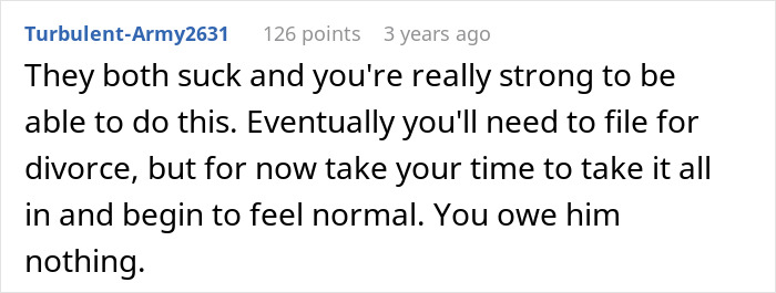 A Reddit comment giving advice to a woman after her husband and best friend's affair, telling her she's strong.