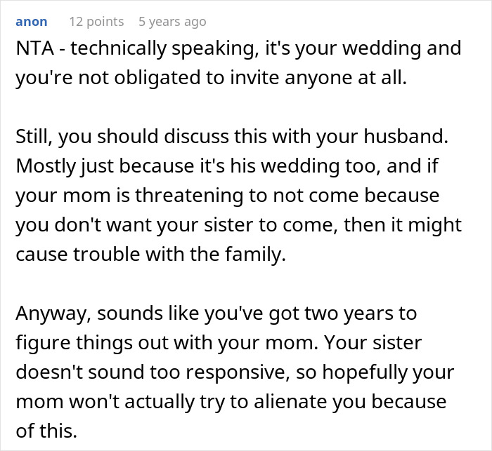 Forum user advises on wedding worries about sister&rsquo;s potential sabotage and discusses uninviting her due to past incident concerns.