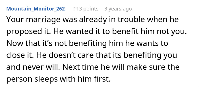 Comment discussing a troubled marriage after husband proposes open marriage, highlighting refusal to close it and personal benefit. Comment discussing a troubled marriage after husband proposes open marriage, highlighting refusal to close it and personal benefit.