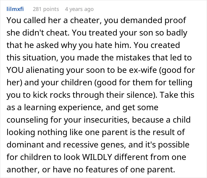 A text post advises a man to get counseling for insecurities after losing his whole family over a paternity test.