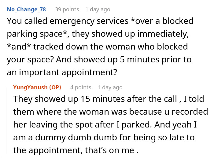 Online discussion about a man missing doctor&rsquo;s appointment after fighting an old lady over parking involving police intervention.