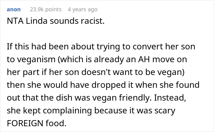 Reddit comment discussing a babysitting incident. User calls out racism, criticizing attempts to transition her son into vegan diet.