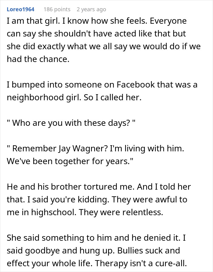 Comment discussing personal experience with school bully and how it affected life, mentioning book store manager context. Comment discussing personal experience with school bully and how it affected life, mentioning book store manager context.