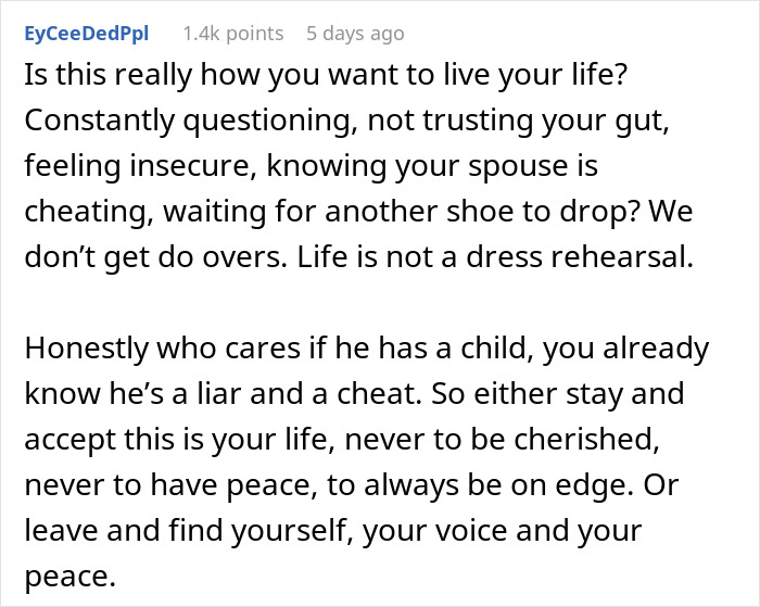 A Reddit comment advising a woman about her husband's secret child, urging her to find peace.