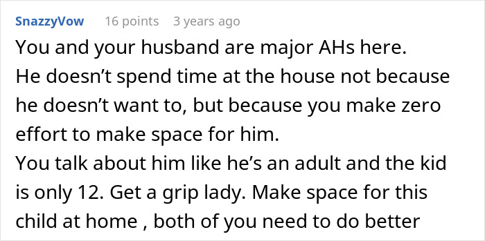 Screenshot of a Reddit comment discussing family dynamics and making space for a stepson in the household.