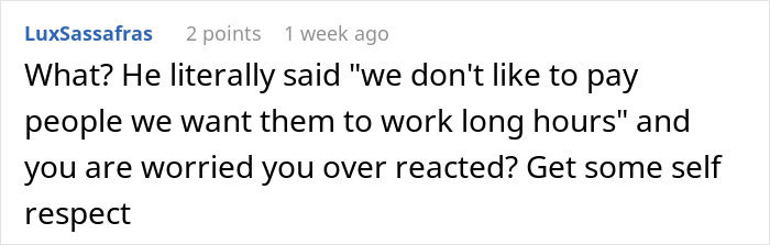 A Reddit comment from LuxSassafras, advising a job candidate to have self-respect and hang up mid-interview due to an unfair offer.