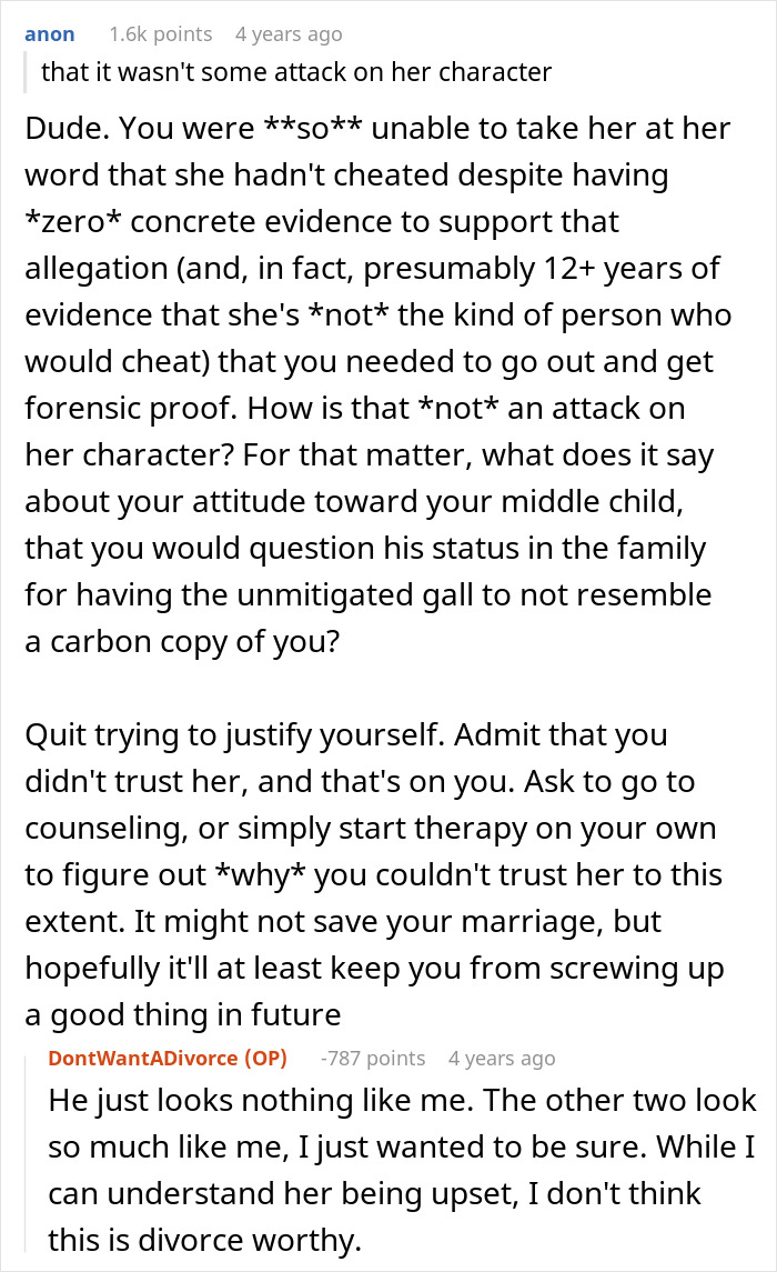 A man demands paternity test because his middle son doesn't look like him, possibly losing his family.