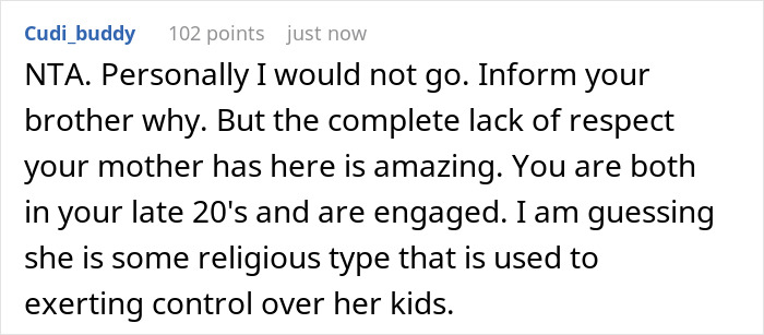 Online message discussing woman&rsquo;s dilemma with mother controlling sleeping arrangement with wife-to-be.