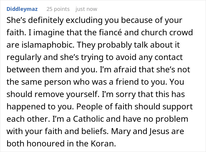 A Reddit comment discussing why a Christian Bride excluded her Muslim friend from the wedding.