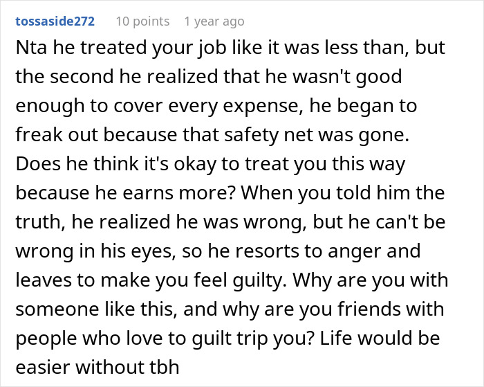 A Reddit comment about a woman quitting her job due to husband disrespect, then deciding to quit the marriage instead.